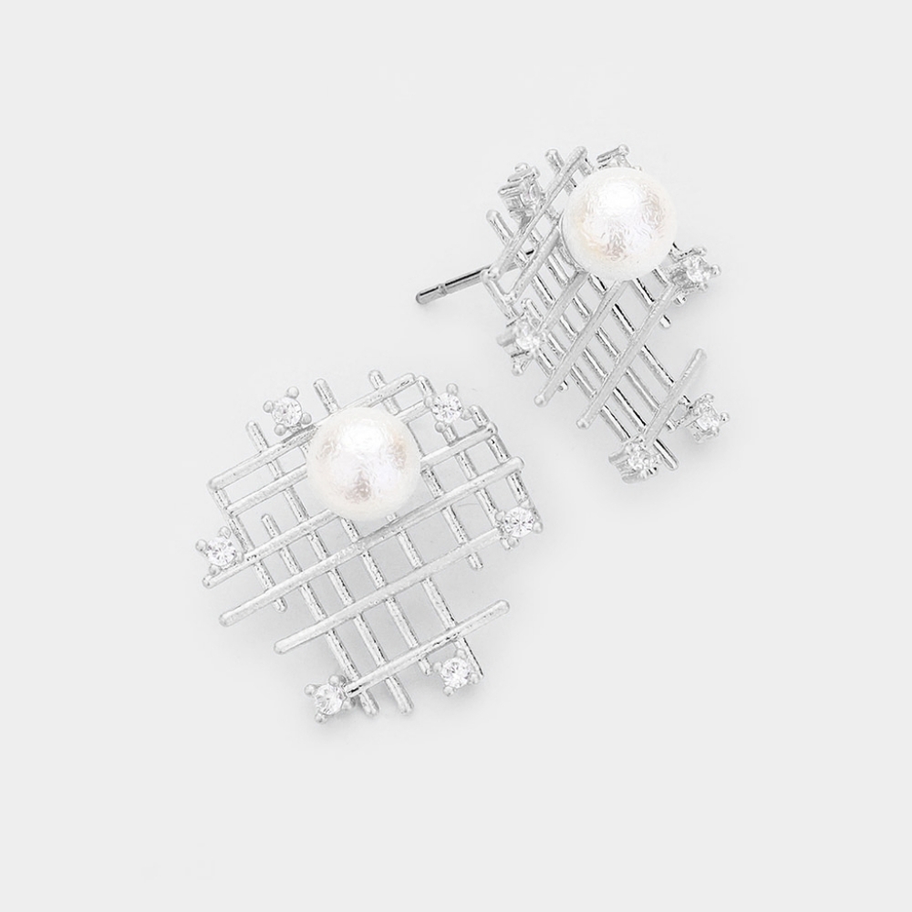 Silver Irregular Grid Pattern Mesh Cream Pearl Stud Earrings 0.75" Trend Fashion